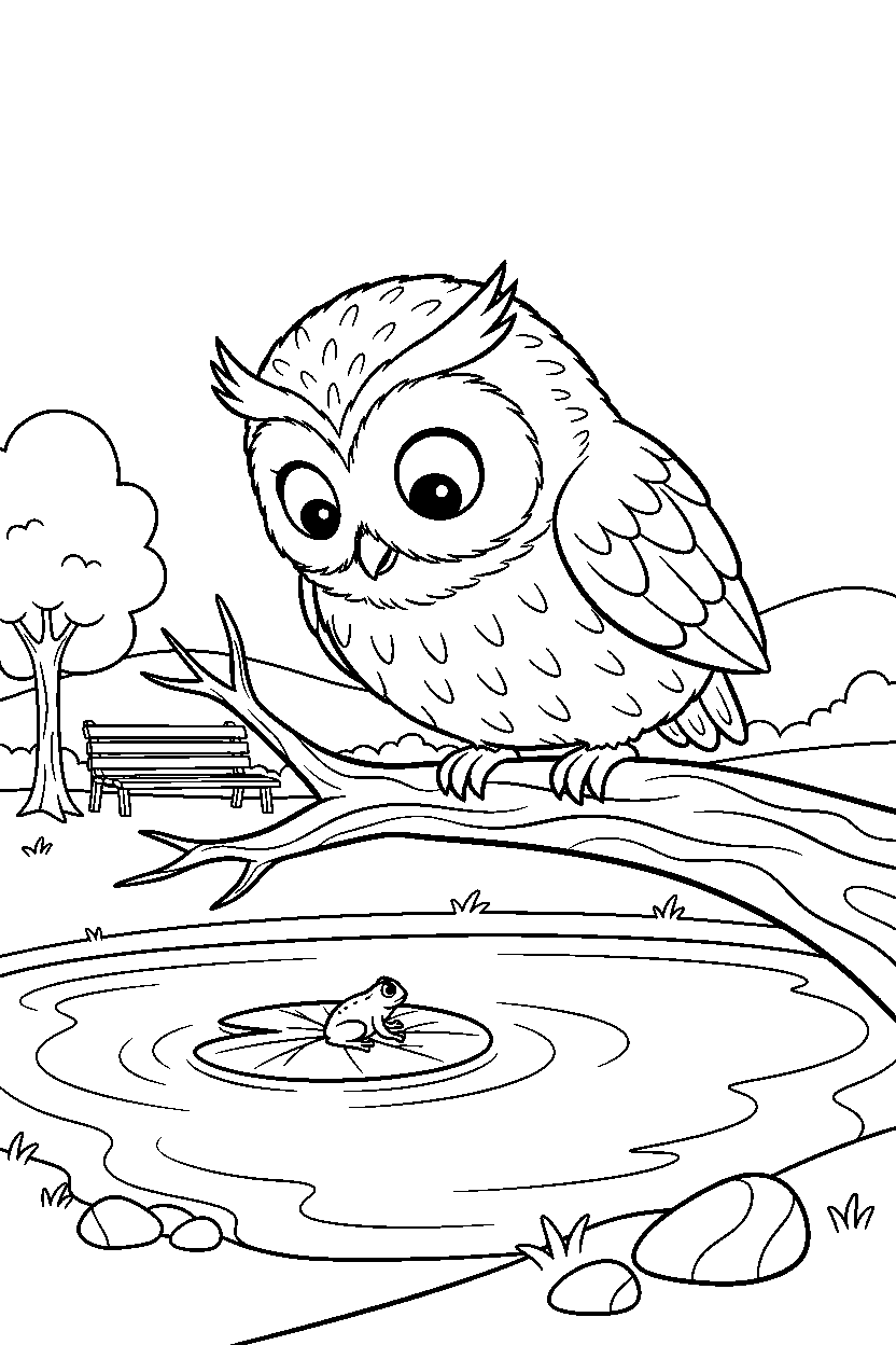 owl exploring curiously at a park pond line art