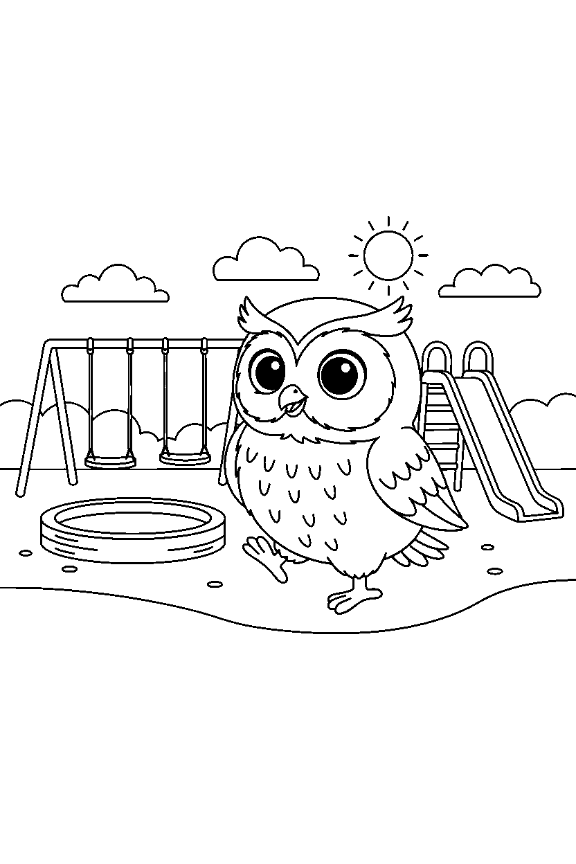 owl hopping happily in a playground line art