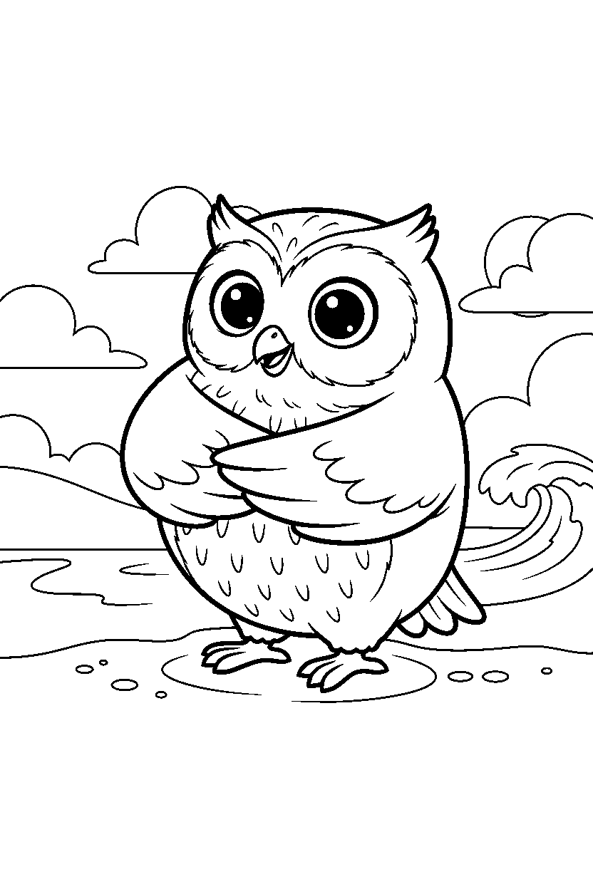 owl hugging happily on a sandy shore line art