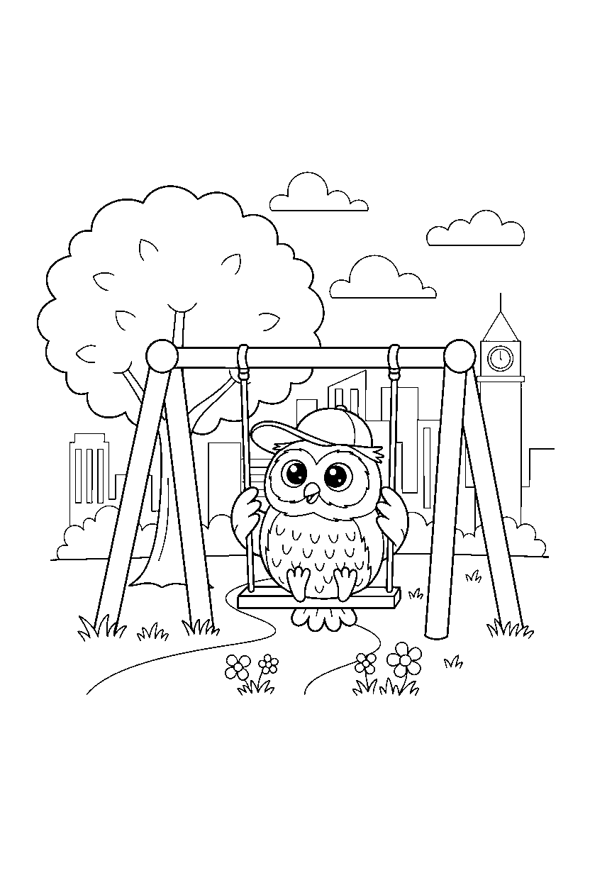 owl playing in a city park line art