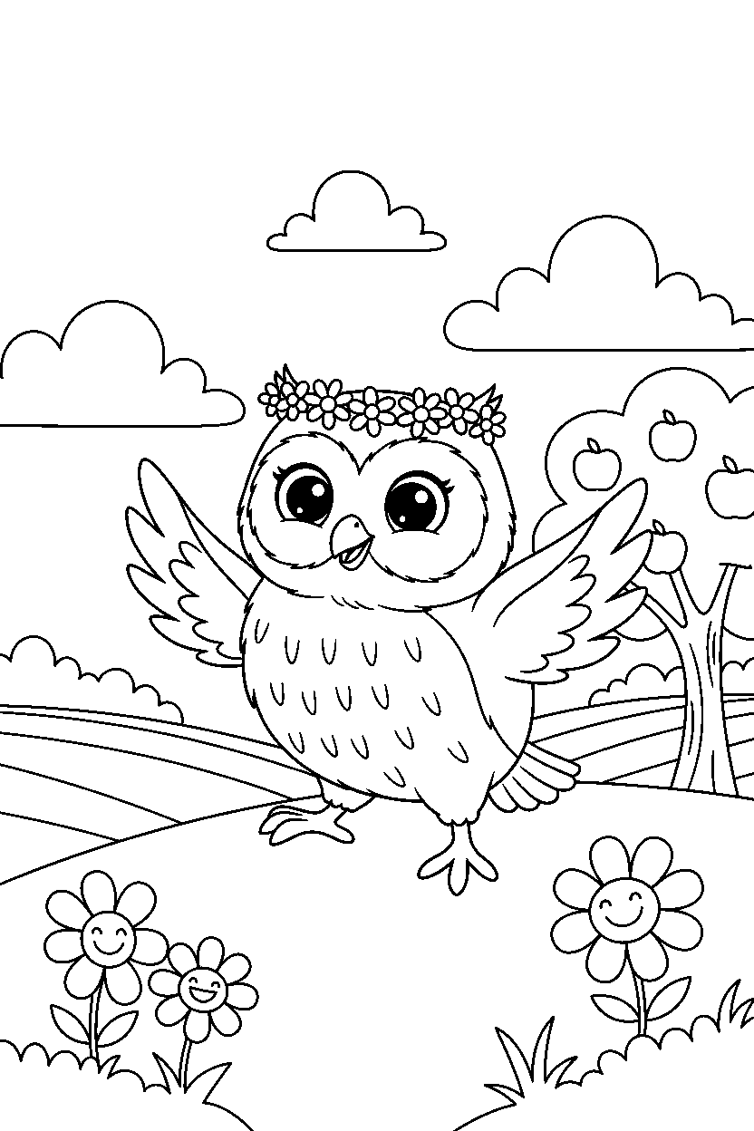 owl posing happily in the countryside line art