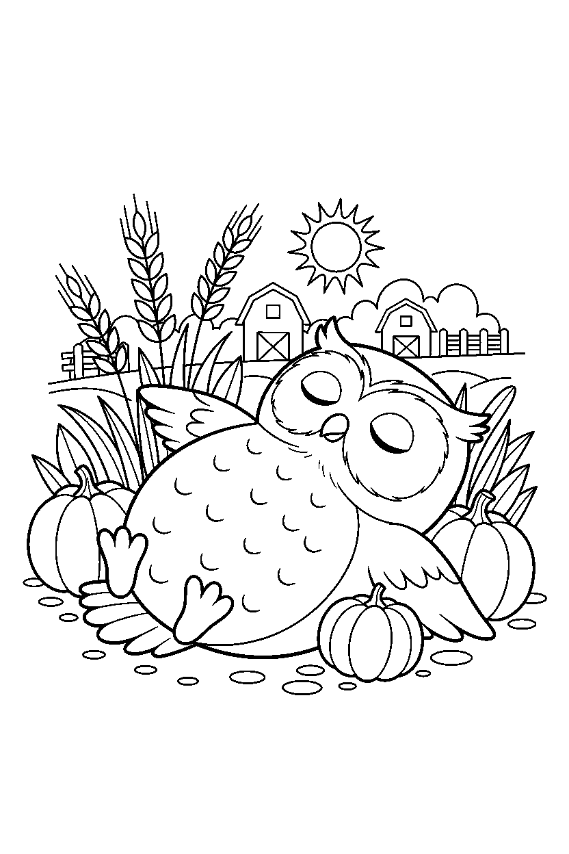 owl relaxing peacefully in a farm field line art
