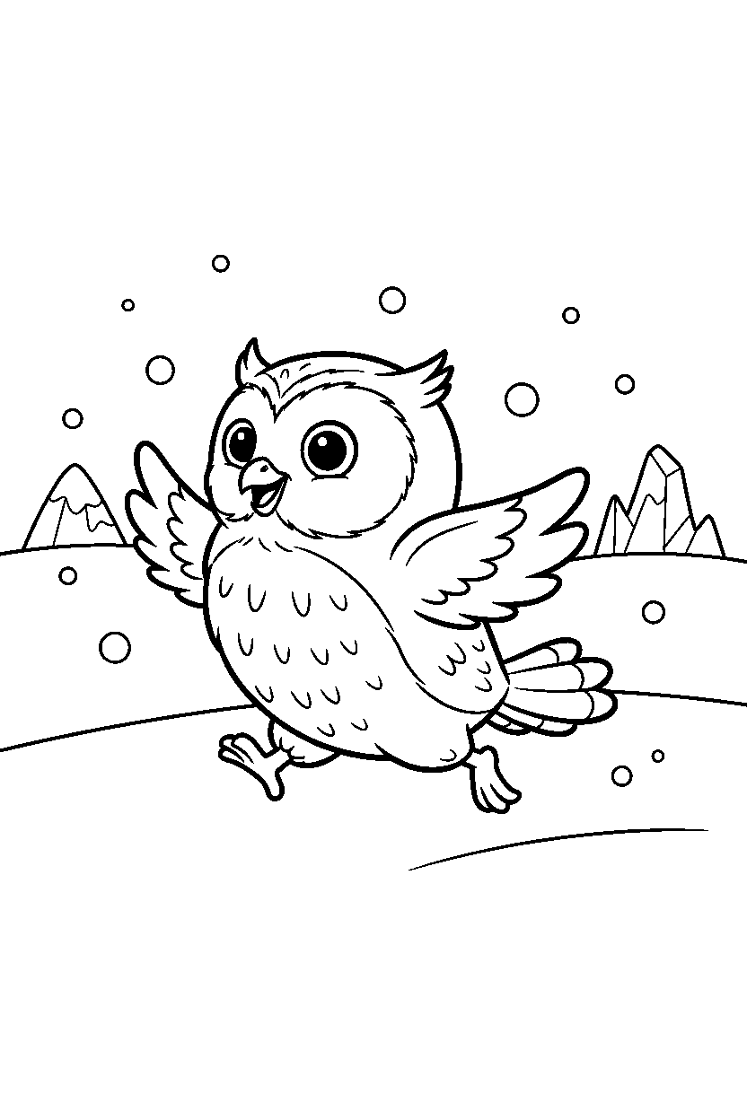 owl running happily in a polar landscape line art
