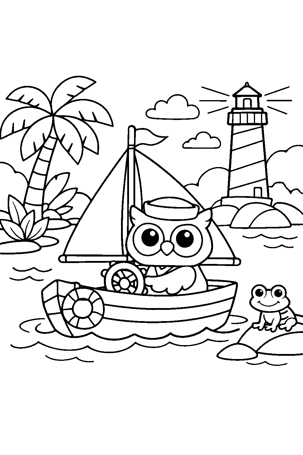 owl sailing a boat on a jungle riverbank line art