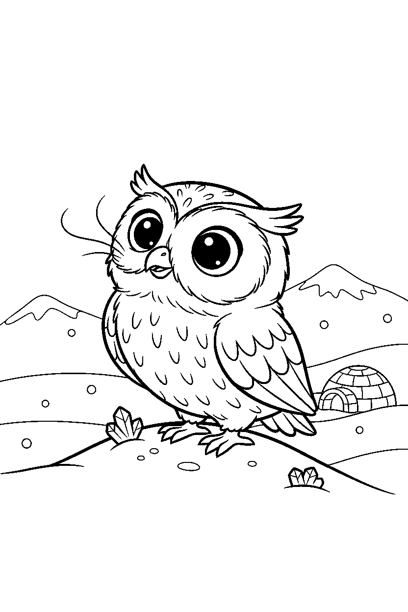 owl sniffing curiously in the arctic line art