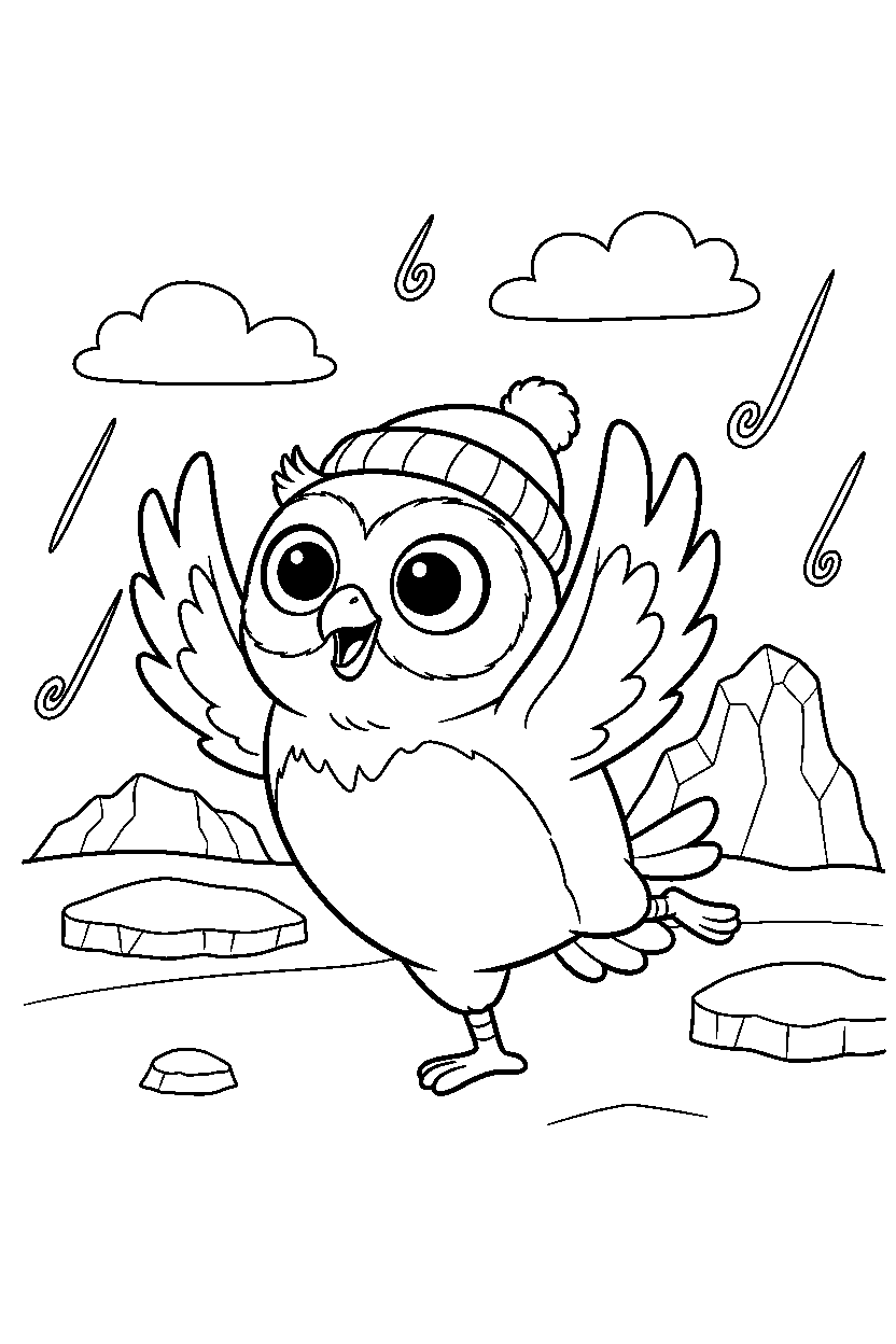 owl stretching playfully in the arctic line art