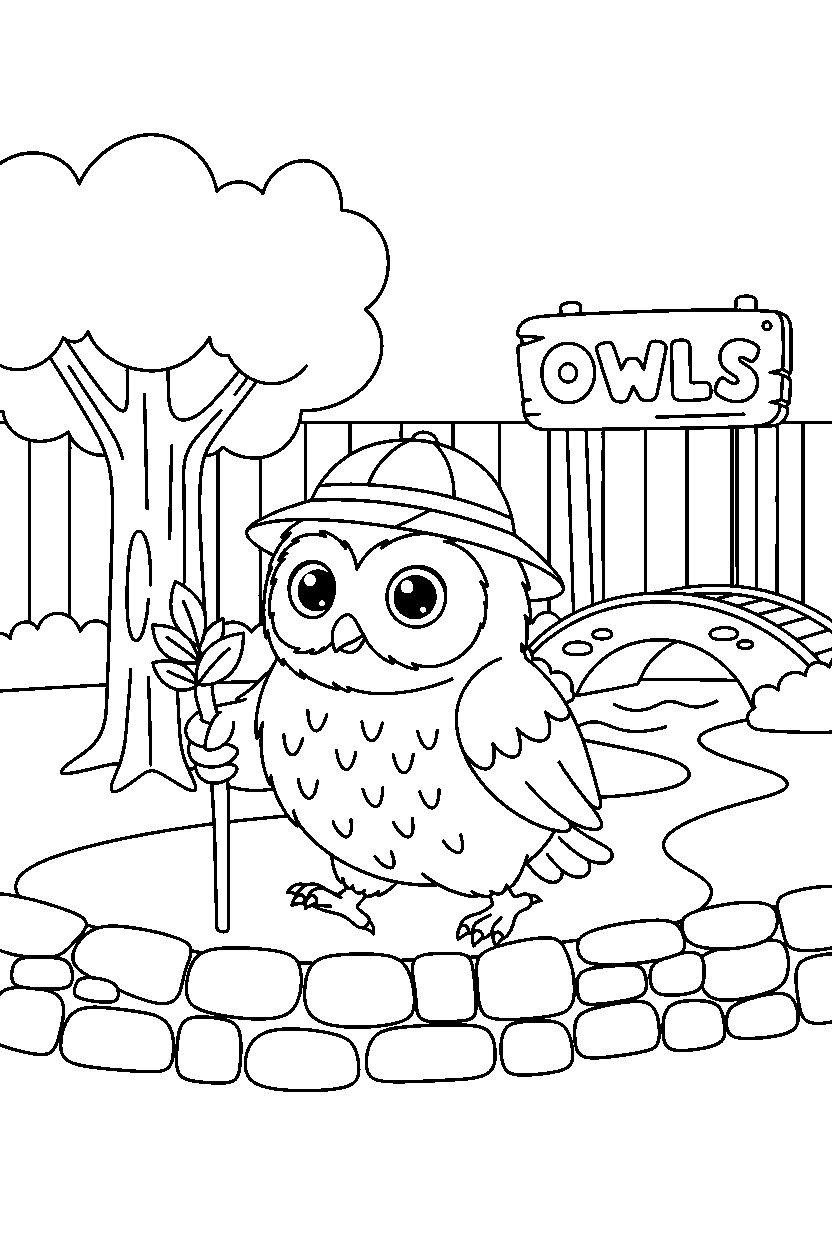 owl walking in a zoo habitat line art