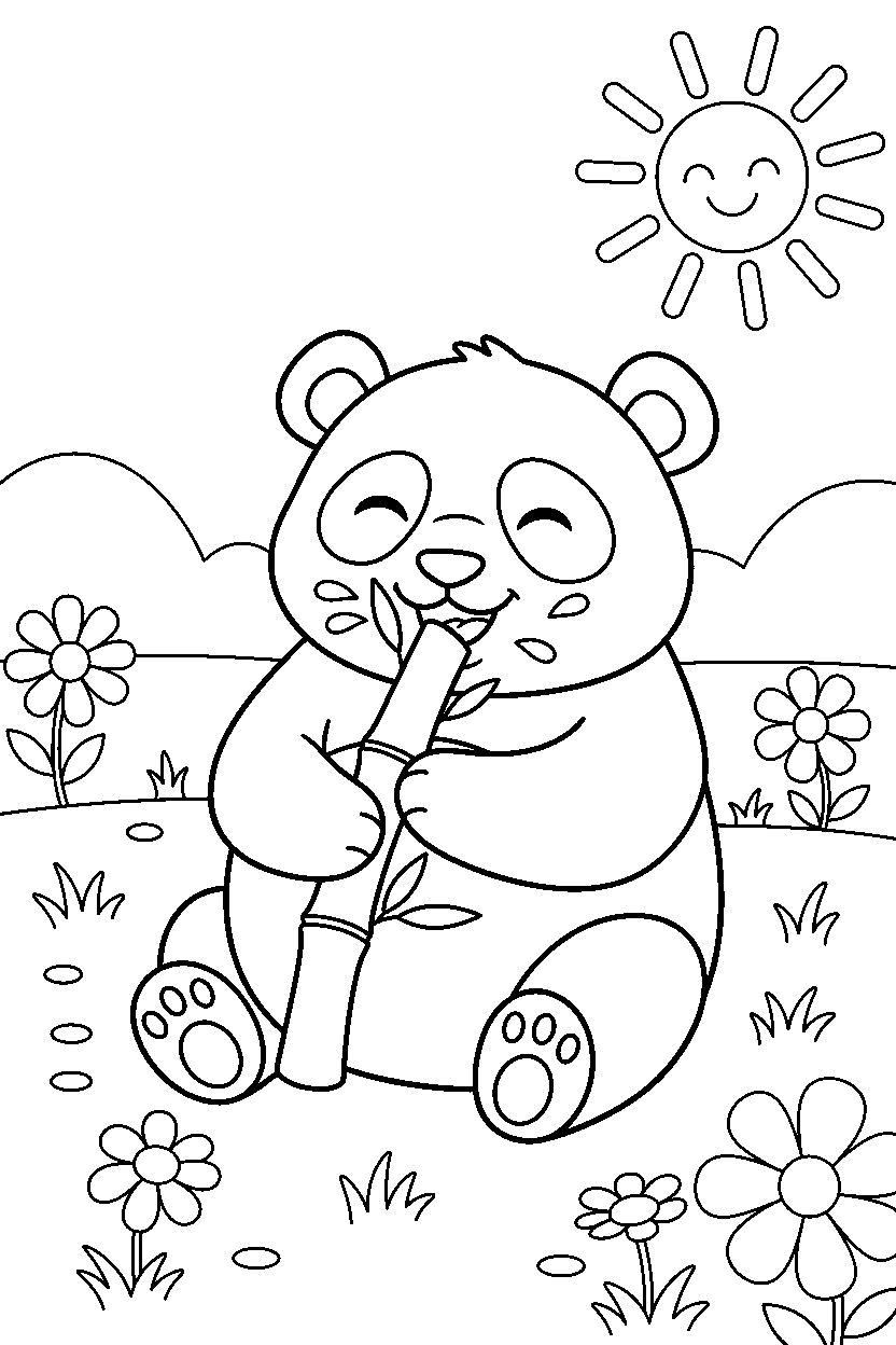 panda eating happily in a sunny meadow line art