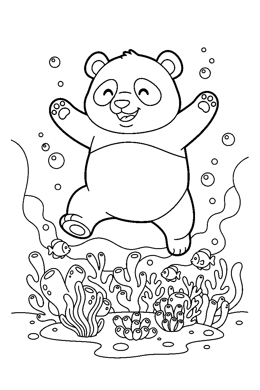 panda hopping happily in a coral reef line art
