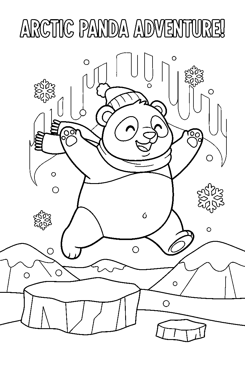 panda jumping in a polar landscape line art