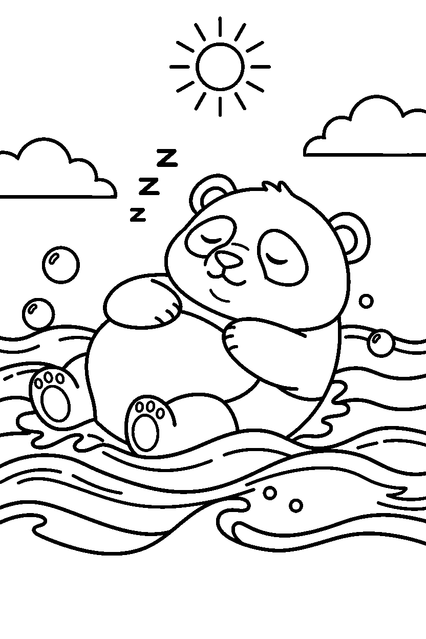 panda napping calmly in the ocean line art