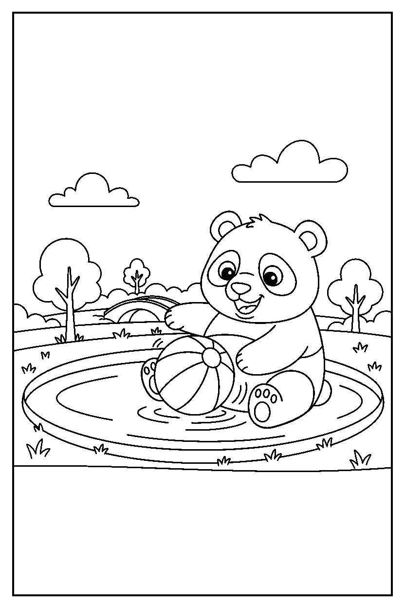 panda playing with a ball at a park pond line art
