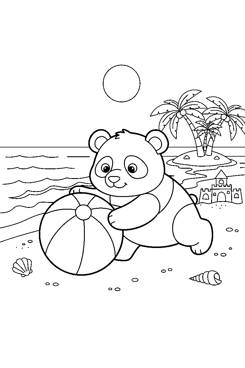 panda playing with a ball on an ocean beach line art