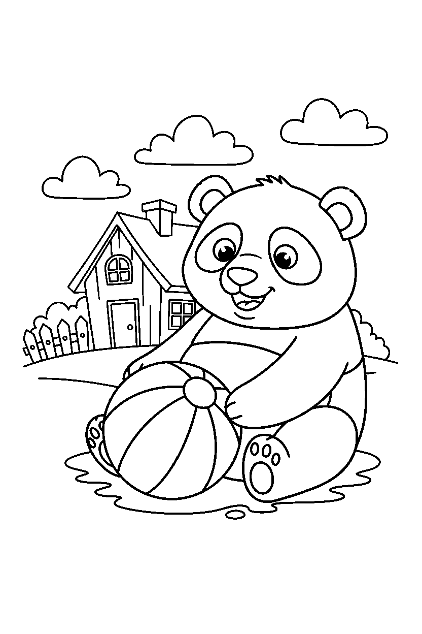 panda rolling a ball near a farmhouse line art