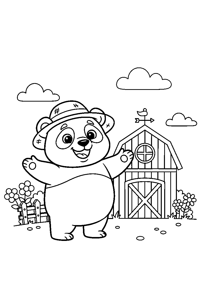 panda standing happily near a barn line art