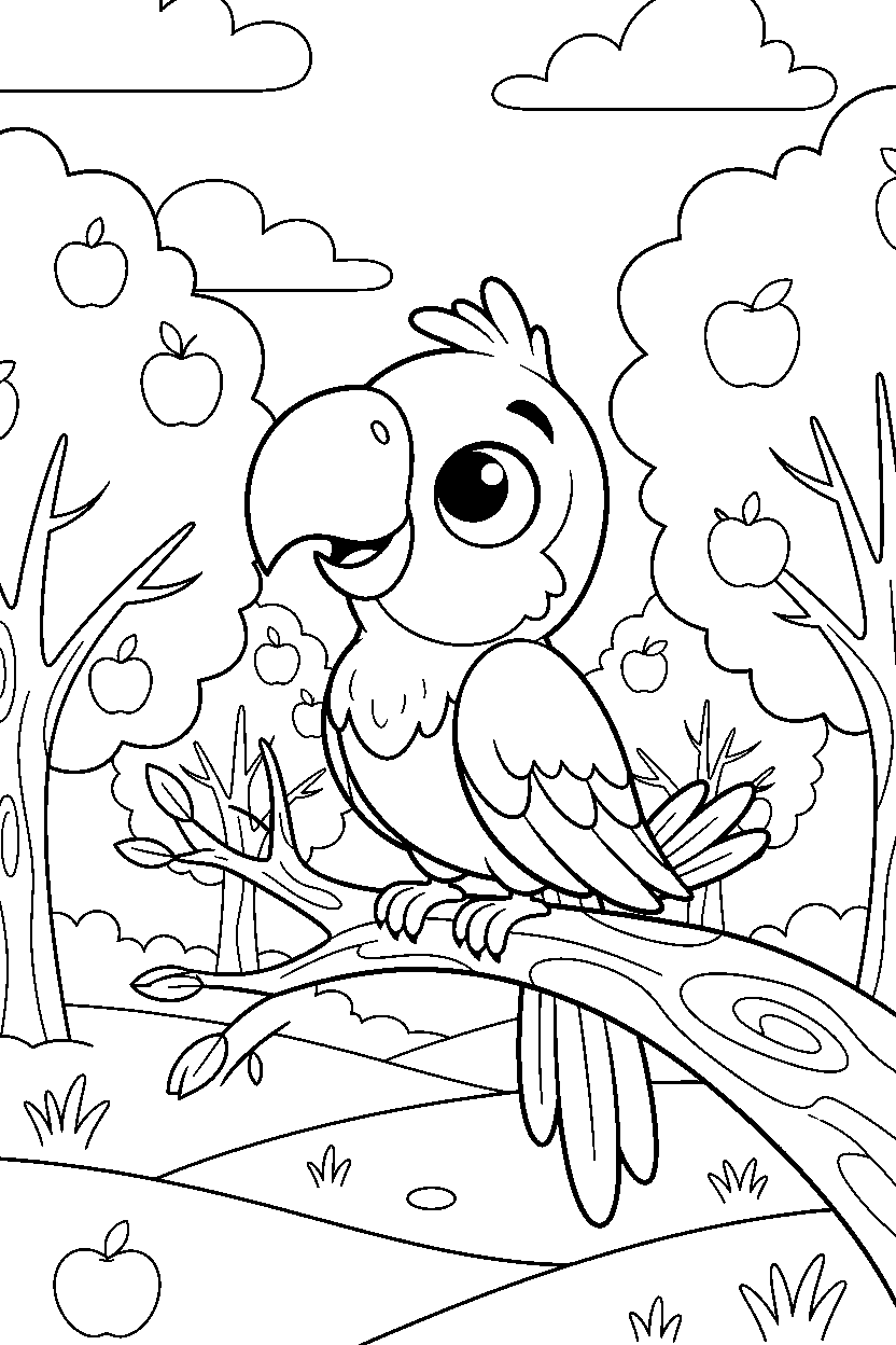 parrot exploring curiously in an orchard line art
