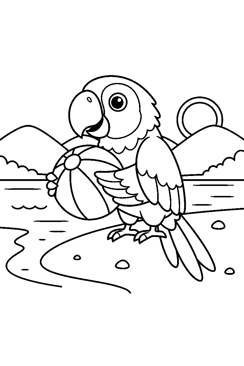parrot holding a ball on a lake shore line art