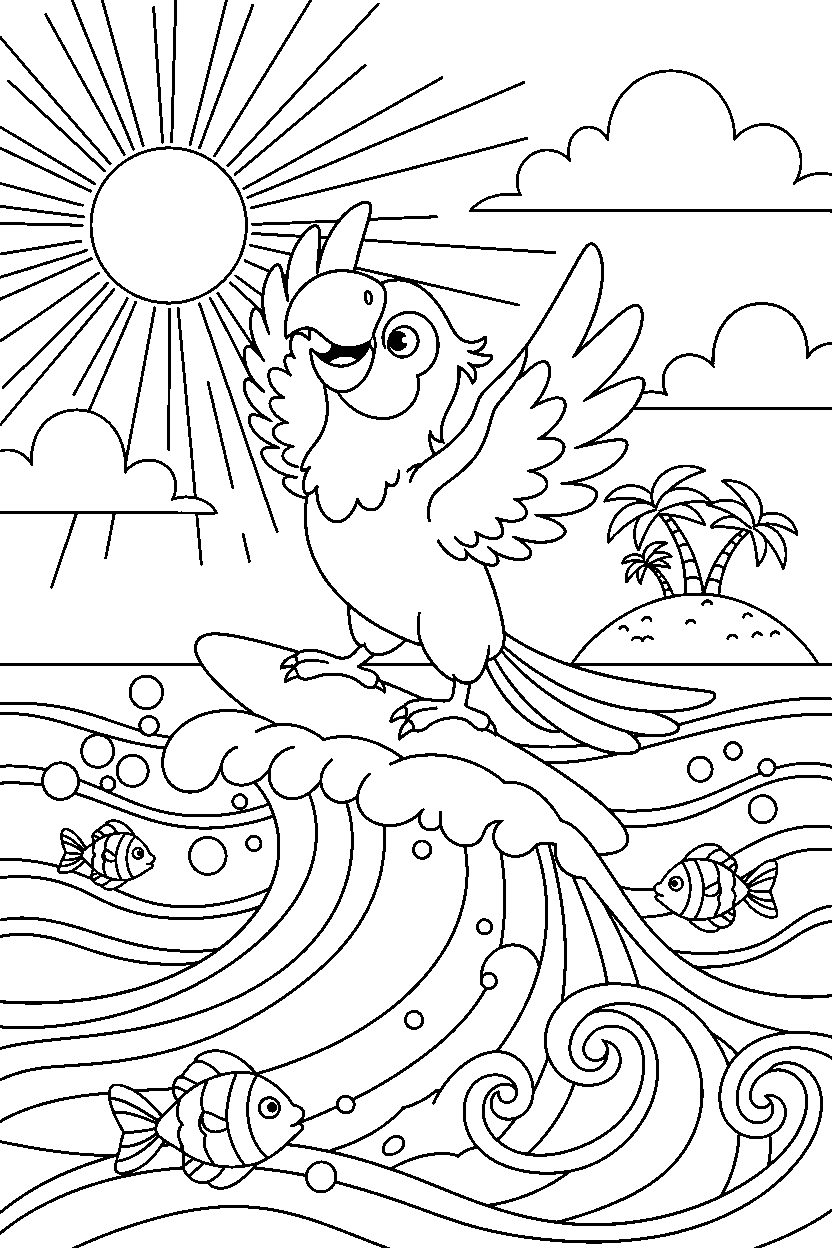 parrot stretching playfully in the ocean line art