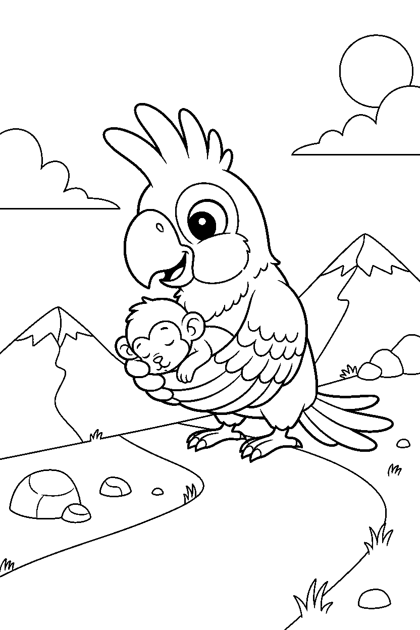 parrot taking care of a baby animal on a mountain trail line art