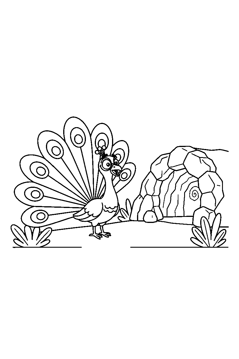 peacock looking surprised near a cave line art