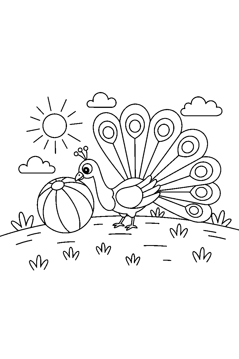peacock playing with a ball on a grassy hill line art