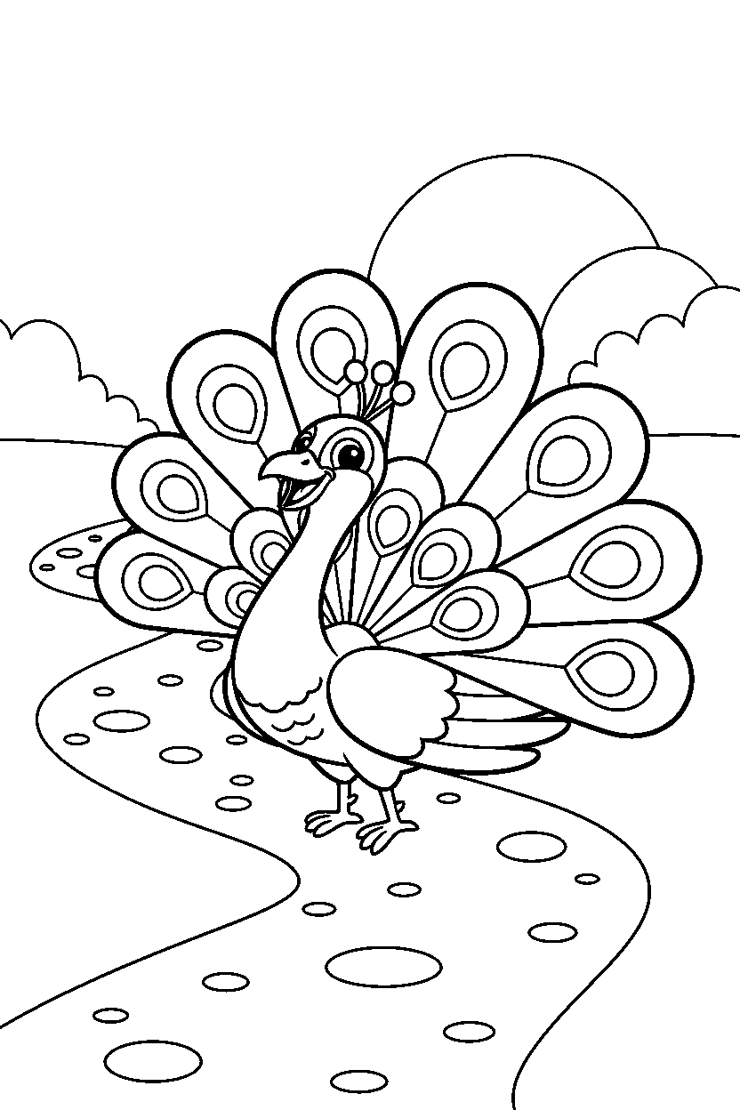 peacock posing happily on a dirt path line art
