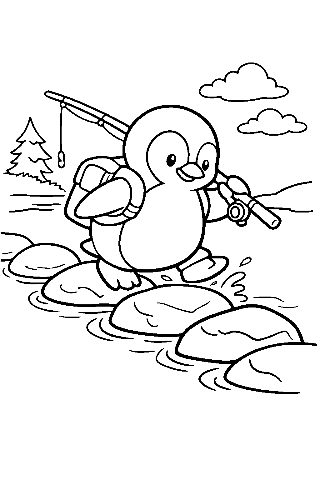 penguin climbing rocks at a river crossing line art