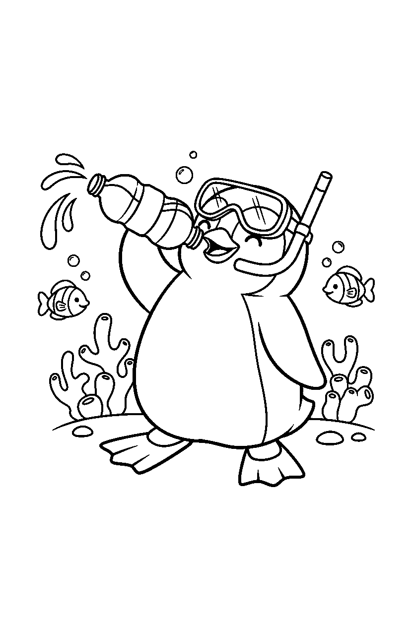 penguin drinking water under the sea line art