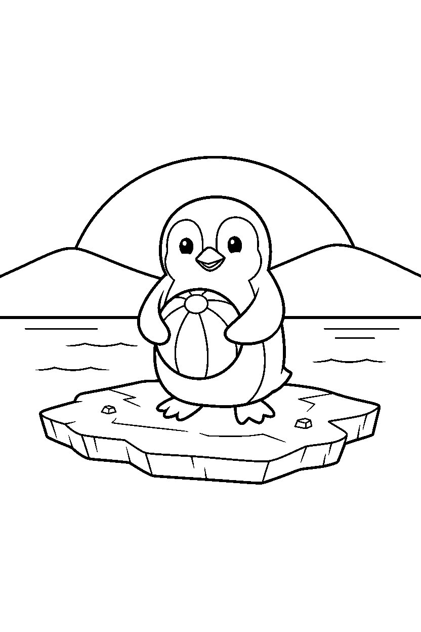 penguin holding a ball on sea ice line art