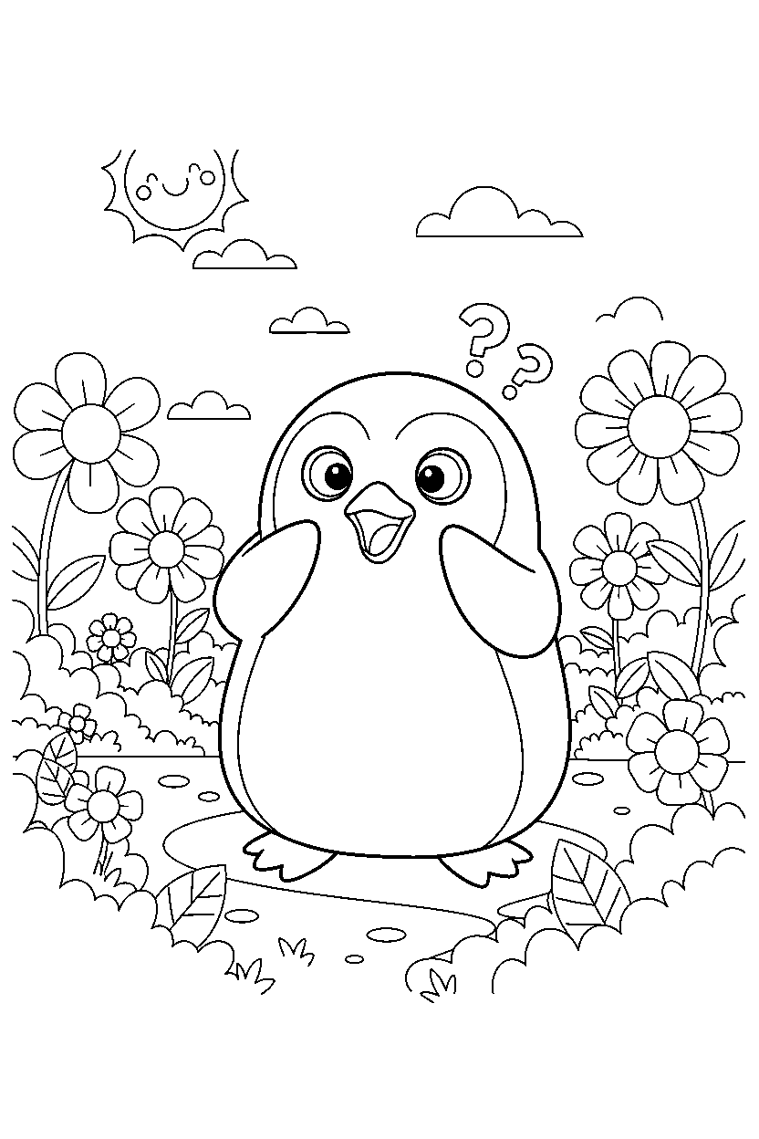 penguin looking surprised in a garden line art
