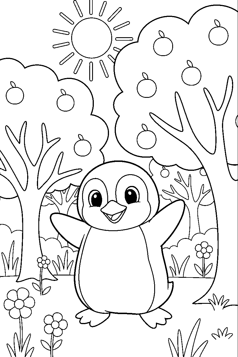 penguin posing happily in an orchard line art