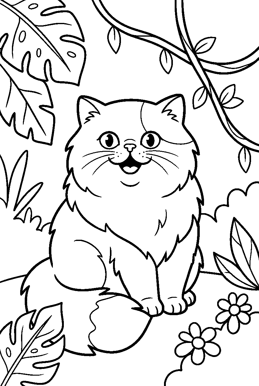 persian cat smiling in the jungle line art