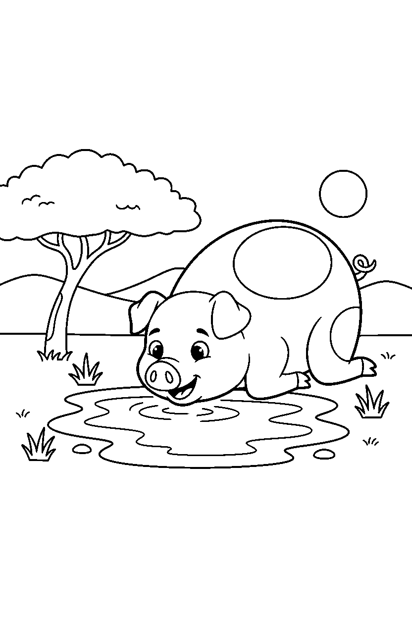 pig drinking water on the savanna line art