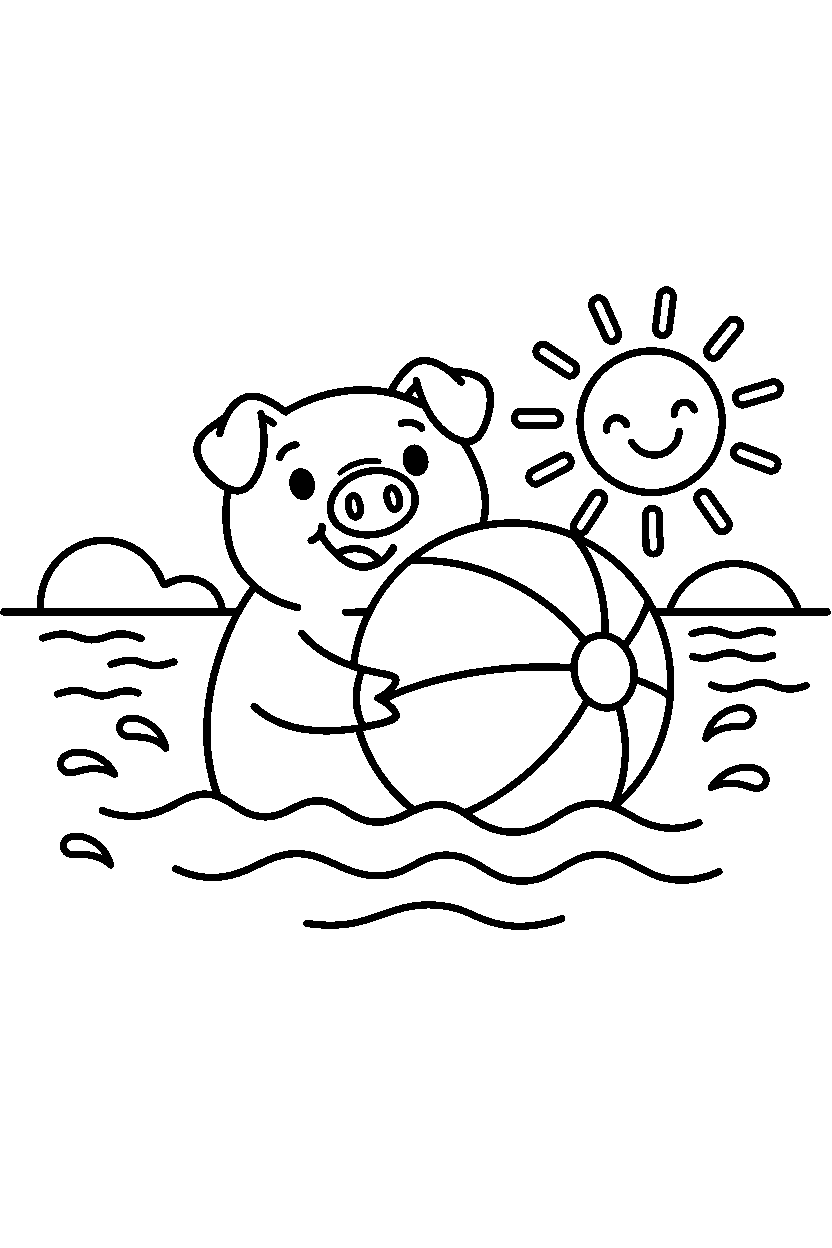 pig holding a ball in the ocean line art
