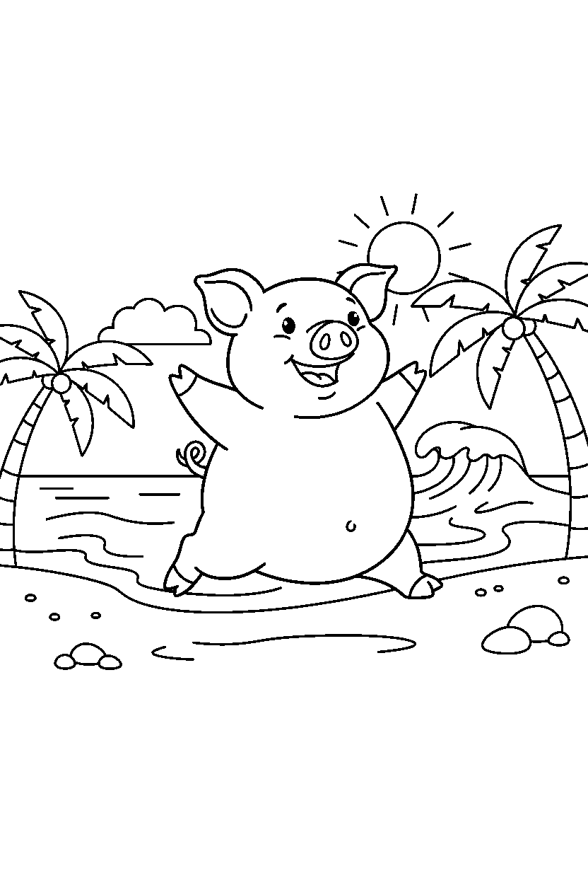 pig hopping happily on a sandy shore line art