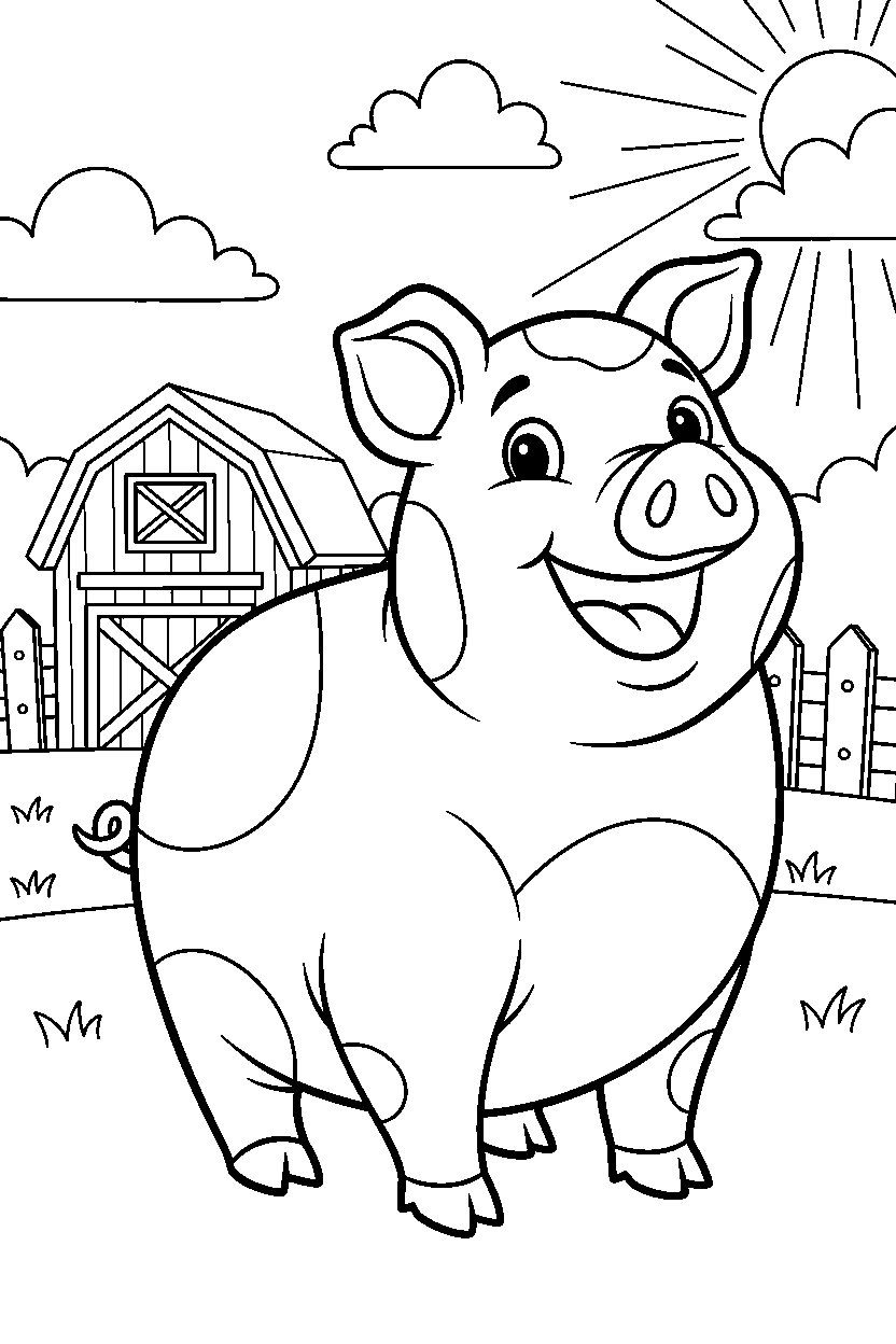 pig smiling happily on a farm line art