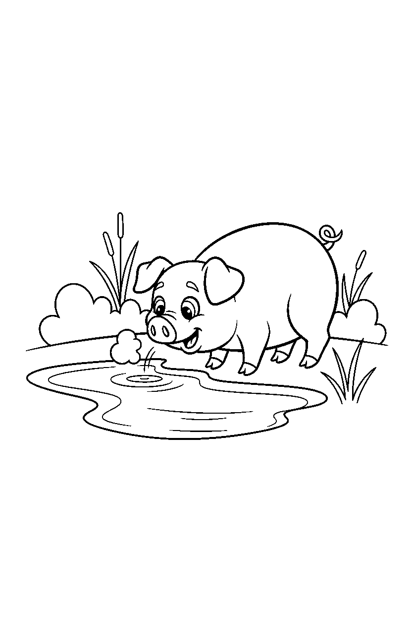 pig sniffing curiously on a lake shore line art