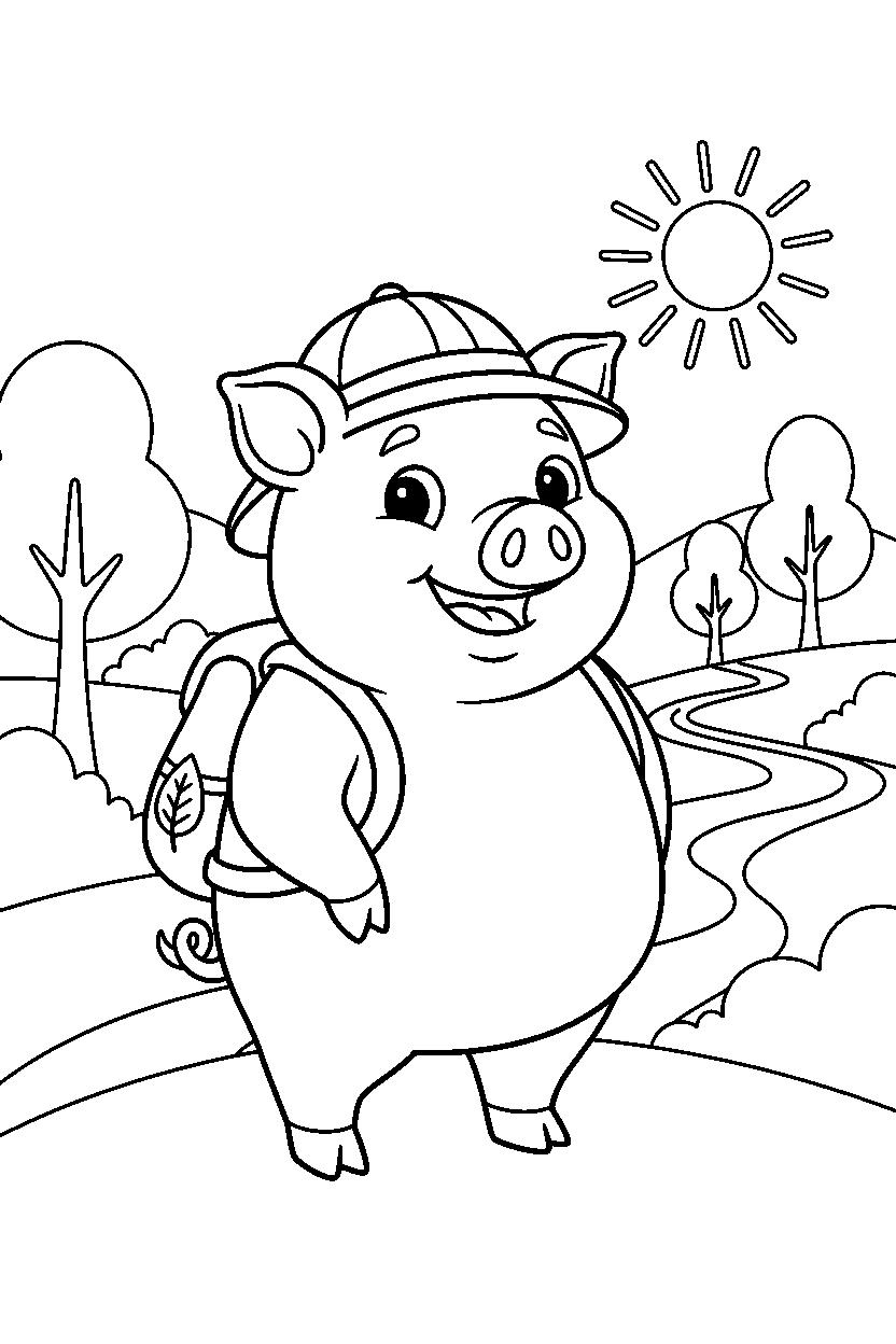 pig standing happily in a nature reserve line art