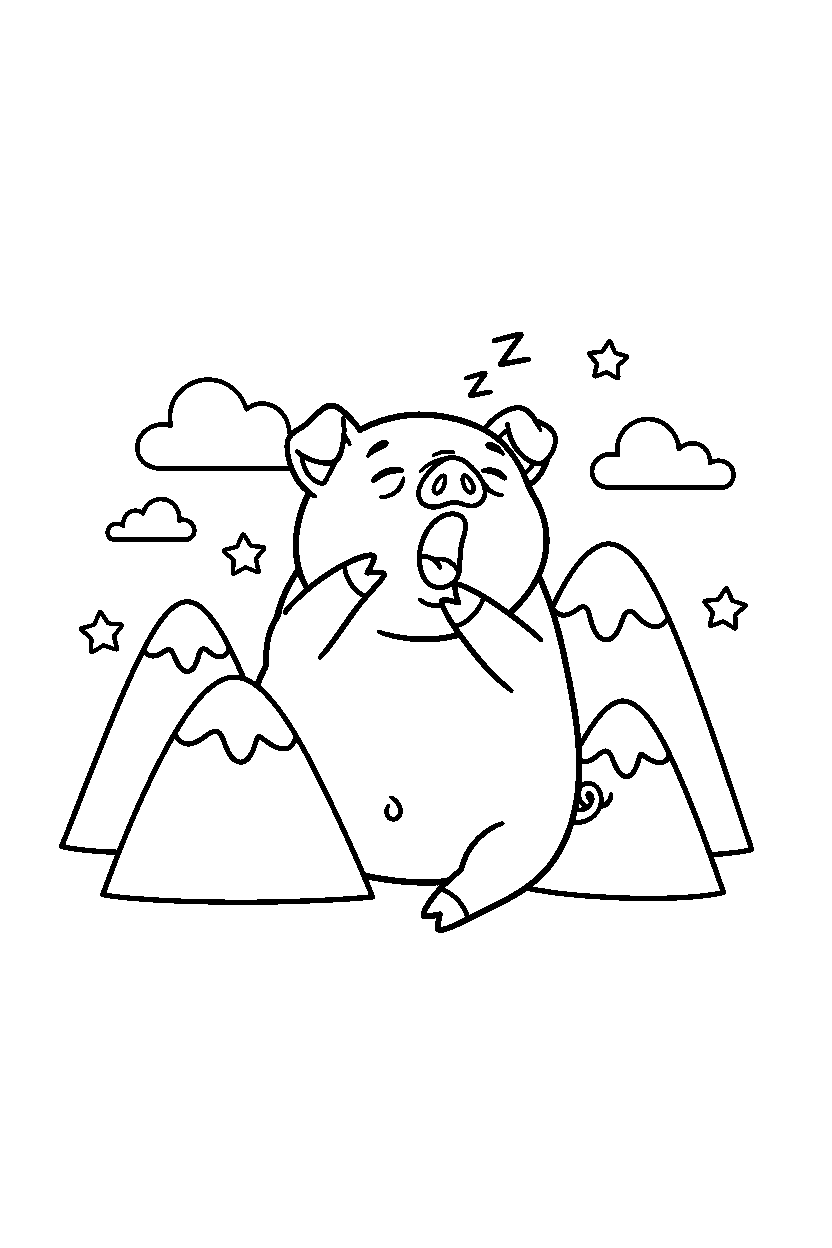 pig yawning sleepily in the mountains line art