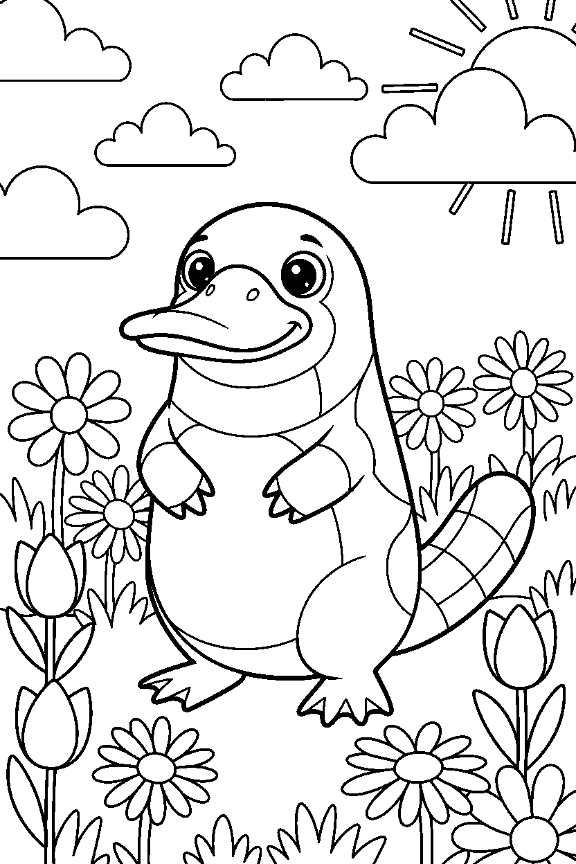 platypus standing in a flower meadow line art