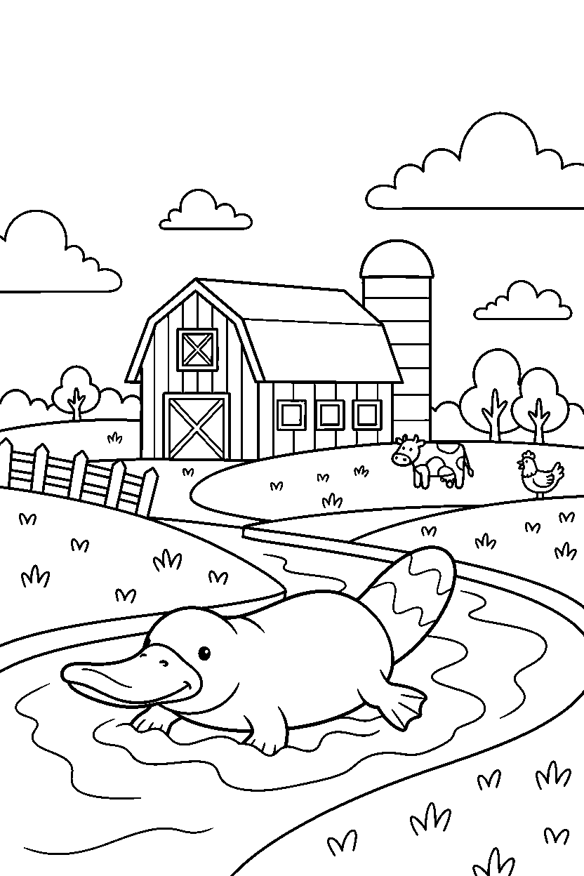 platypus swimming on a farm line art