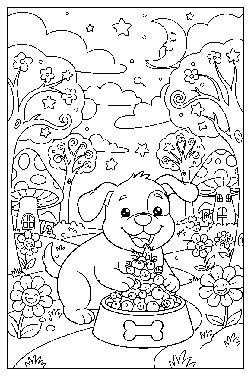 puppy eating happily in a magical forest line art