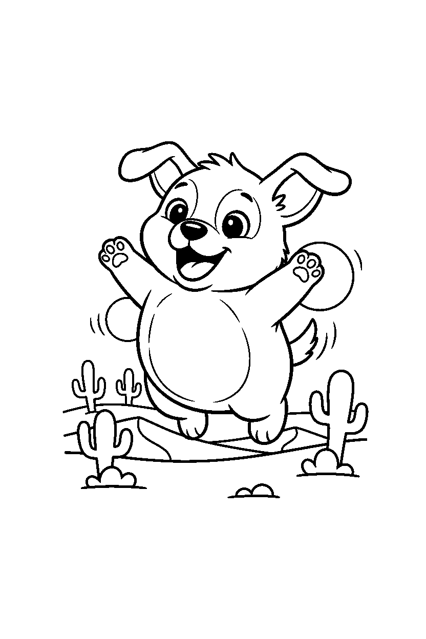 puppy hopping happily in a desert line art