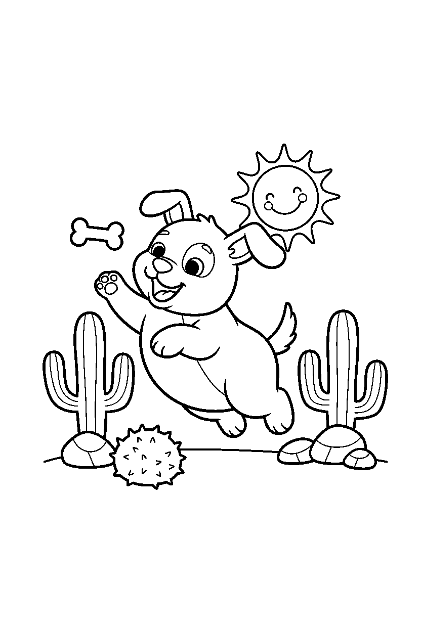 puppy playing happily in a desert line art