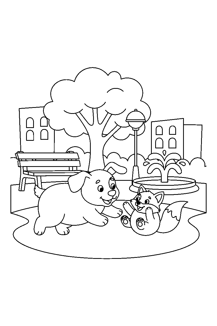 puppy playing with a baby animal in a city park line art