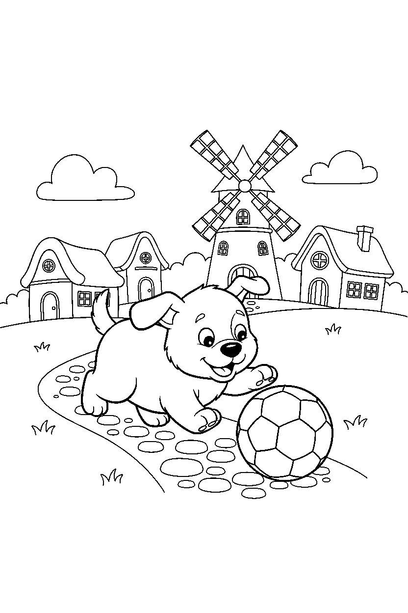 puppy playing with a ball in a cartoon village line art