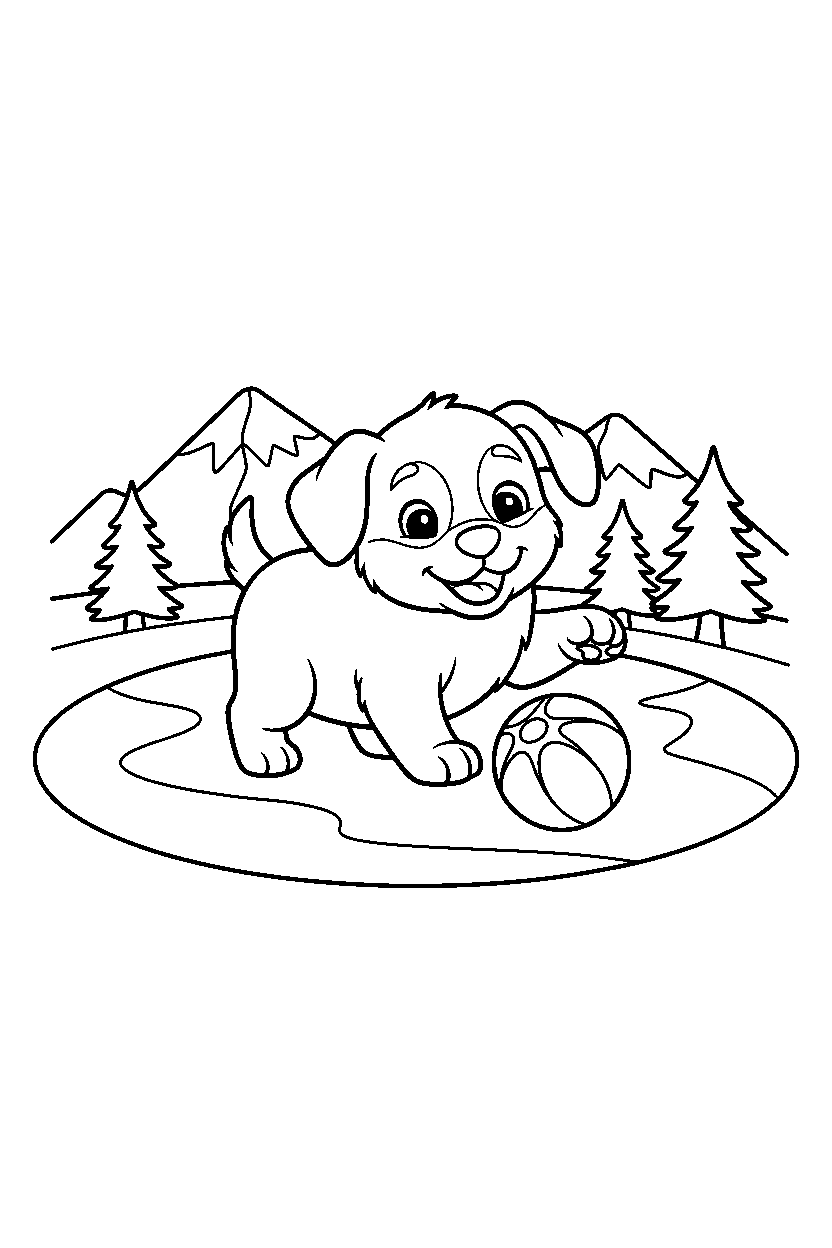 puppy playing with a ball on an ice lake line art