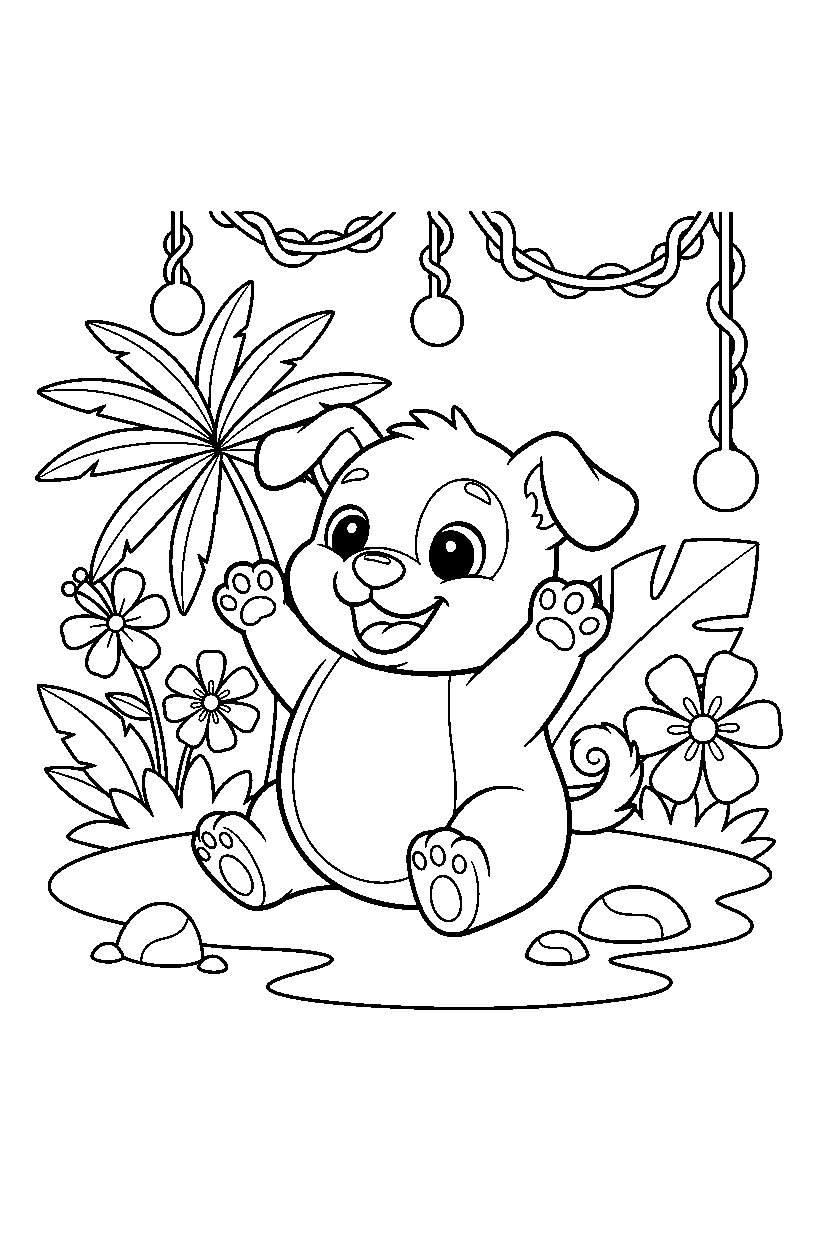 puppy posing happily in a jungle clearing line art