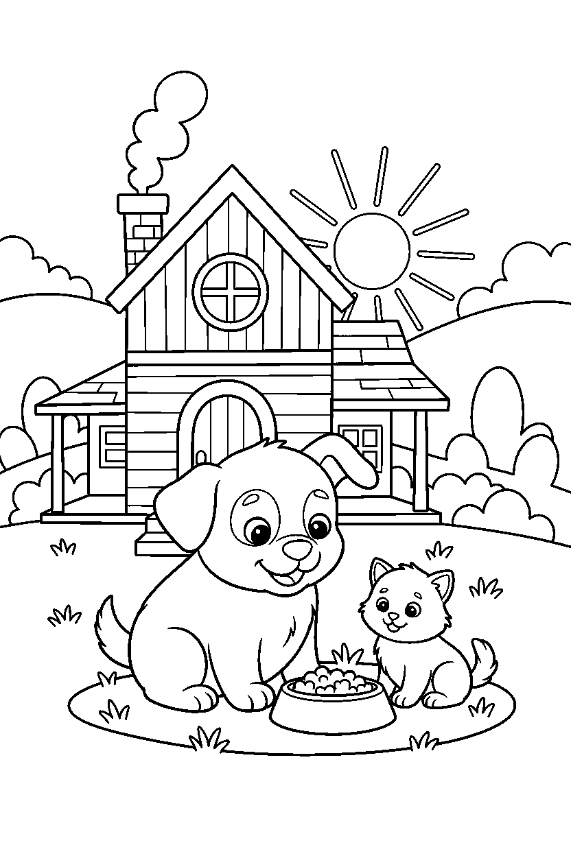 puppy sharing food near a farmhouse line art