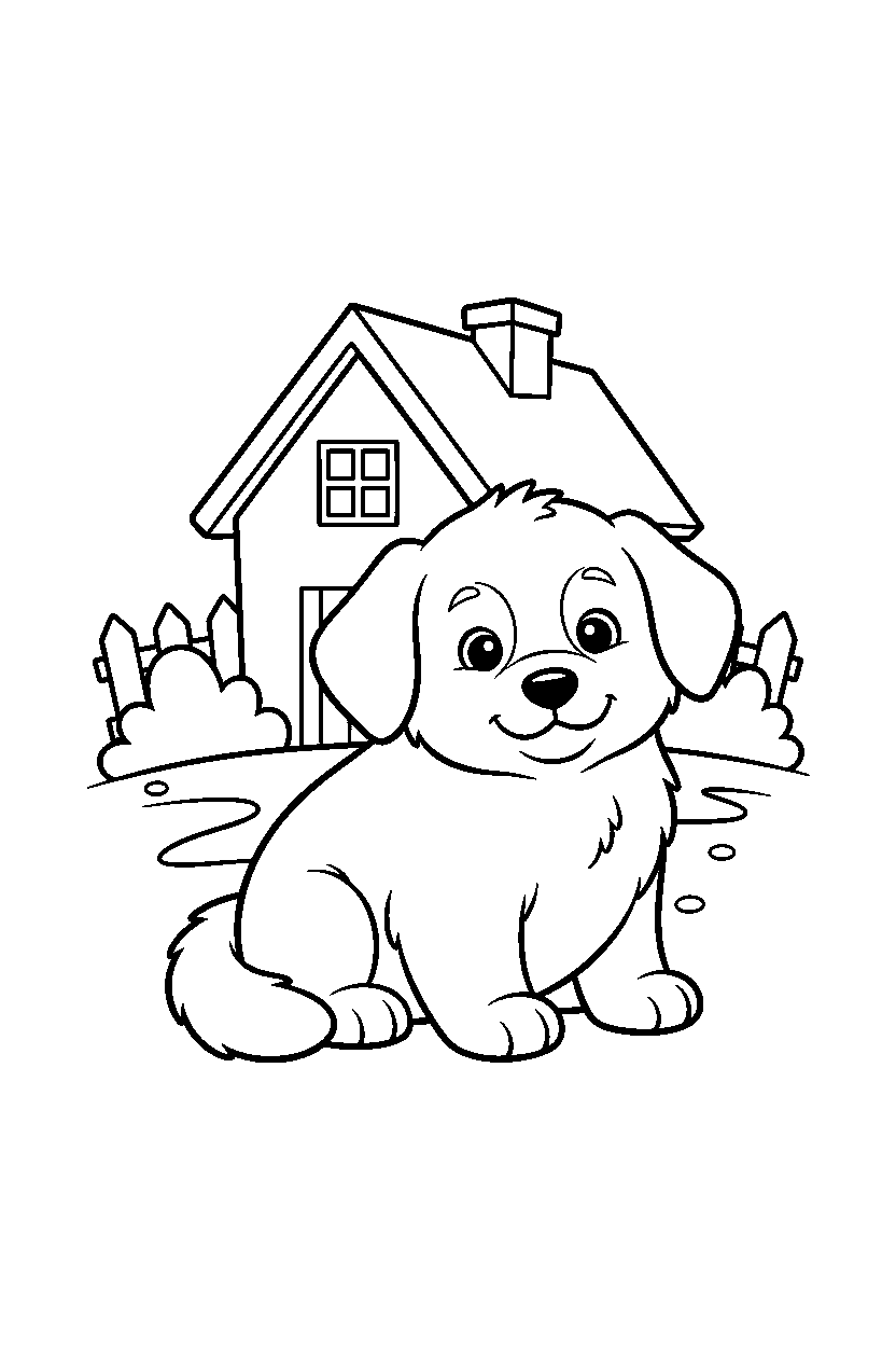 puppy sitting calmly near a farmhouse line art